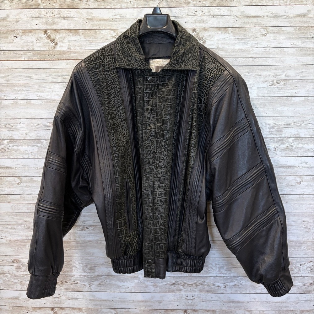 Vtg 90's Liverpool Caballeros Mens 44 Jacket Black Leather Croc Embossed Bomber